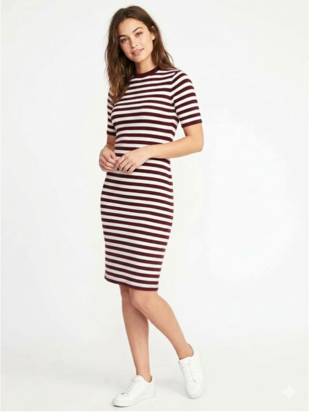 Michael Kors Burgundy Brown White Striped Short Sleeve Knit Sweater Dress S -915